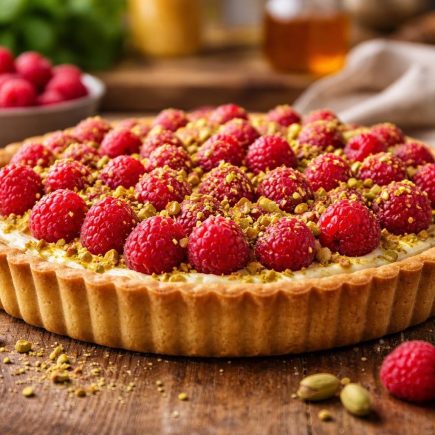 tarte-framboises-pistaches-table-bois