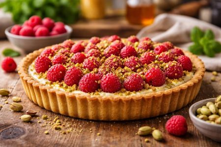 tarte-framboises-pistaches-table-bois