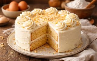 gateau-creme-assiette-table-bois