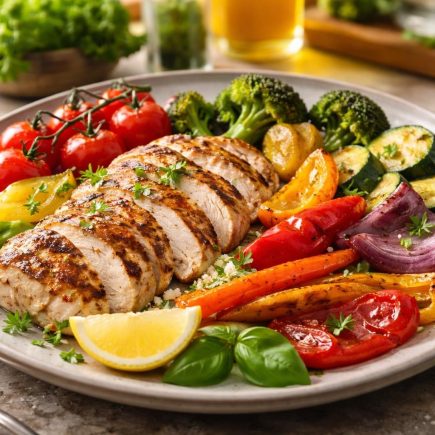 plat-legumes-grilles-poulet-assiette-ceramique