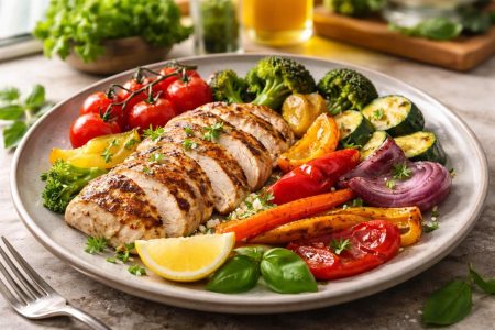 plat-legumes-grilles-poulet-assiette-ceramique