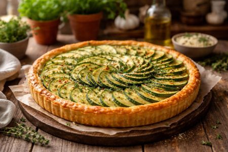 tarte-courgettes-doree-table-bois