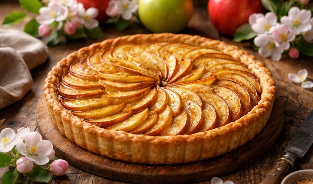 tarte-pommes-table-bois-pommes-fleurs