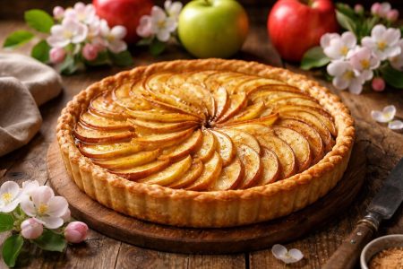 tarte-pommes-table-bois-pommes-fleurs