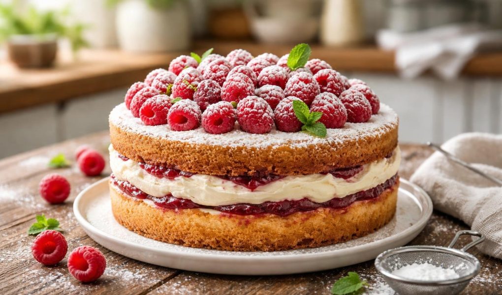 gateau-framboise-sucre-glace-table-rustique