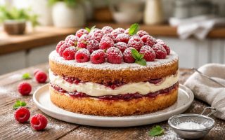 gateau-framboise-sucre-glace-table-rustique