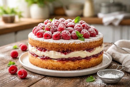 gateau-framboise-sucre-glace-table-rustique