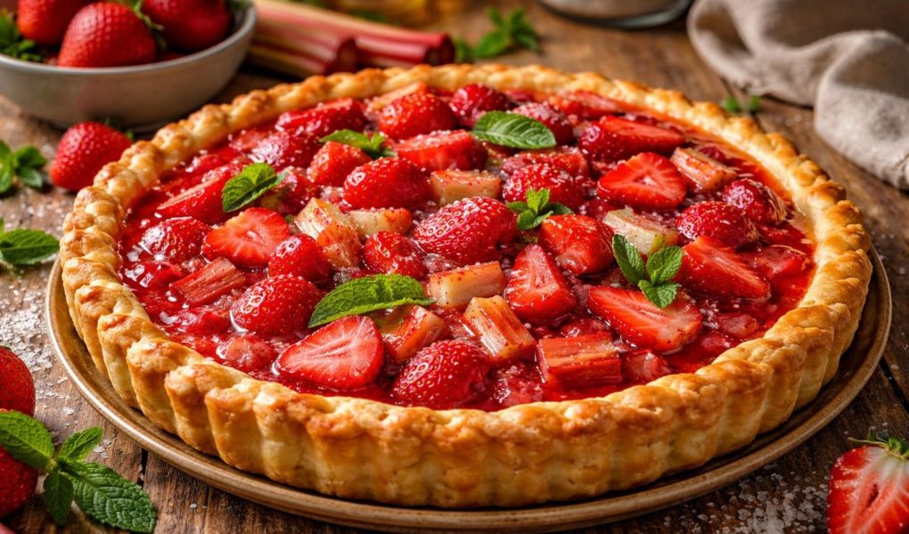 tarte-fraises-rhubarbe-table-bois