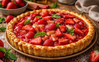 tarte-fraises-rhubarbe-table-bois
