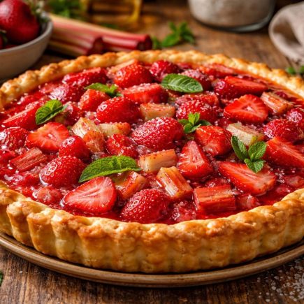 tarte-fraises-rhubarbe-table-bois