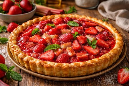 tarte-fraises-rhubarbe-table-bois