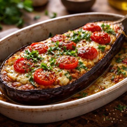 aubergine-cuite-tomates-fromage-herbes