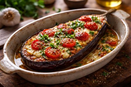 aubergine-cuite-tomates-fromage-herbes